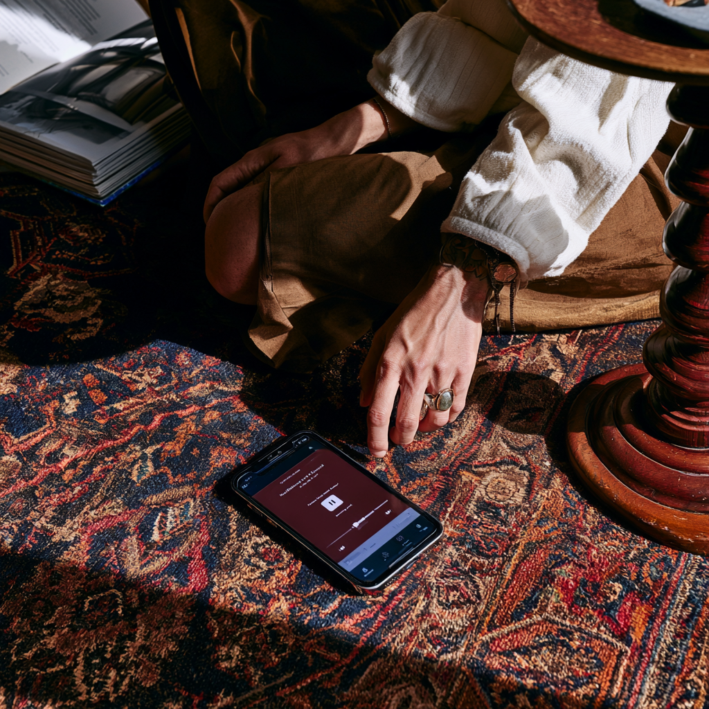 Smartphone mit Meditations-App im Hotel.