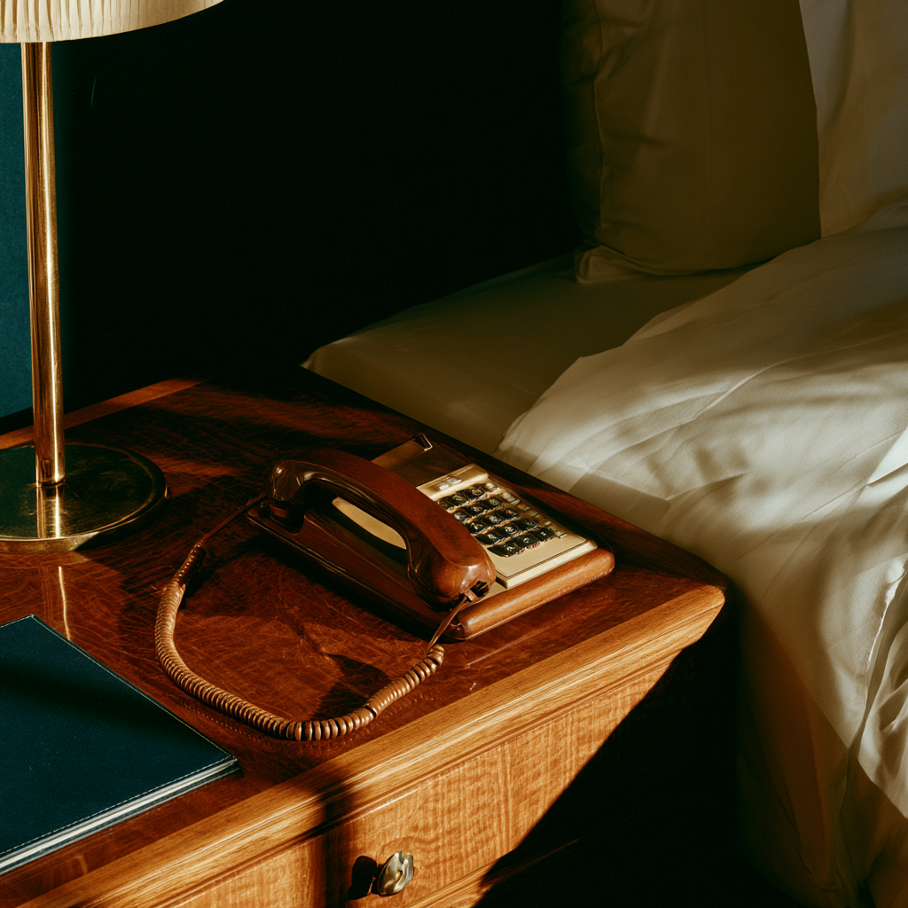 Ein Telefon auf einem Nachttisch im Hotelzimmer