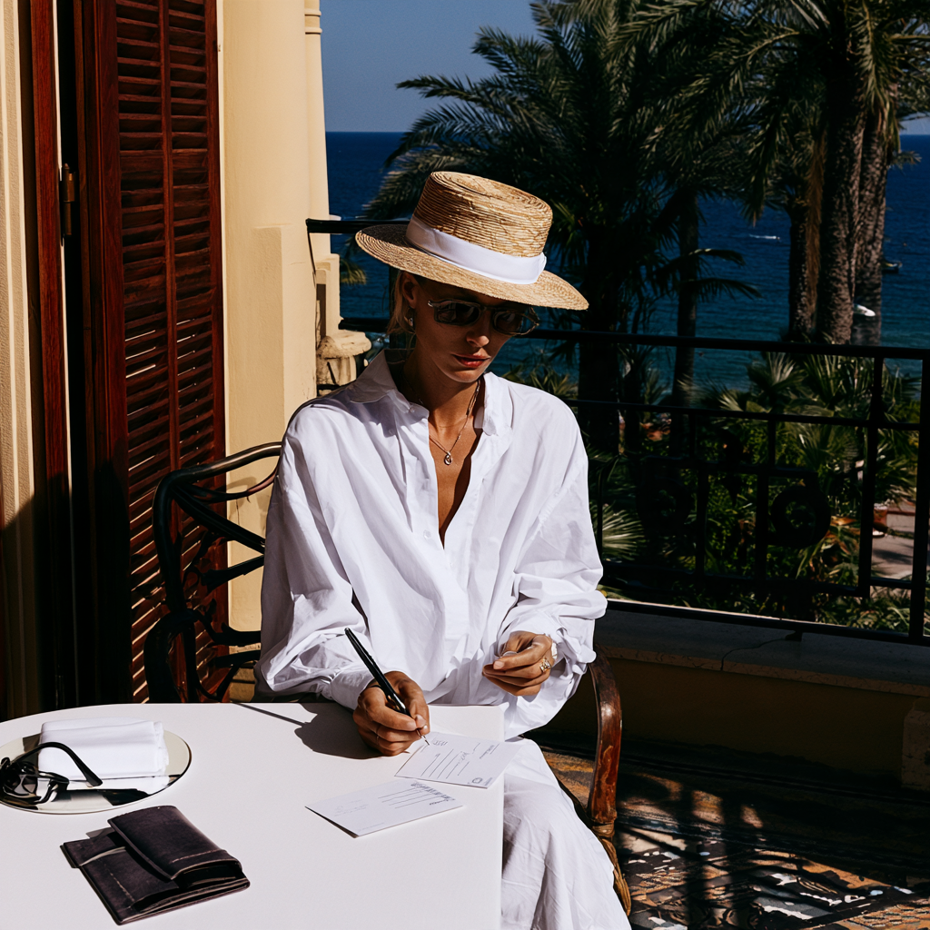 Hotelgast auf Terrasse mit Postkarte