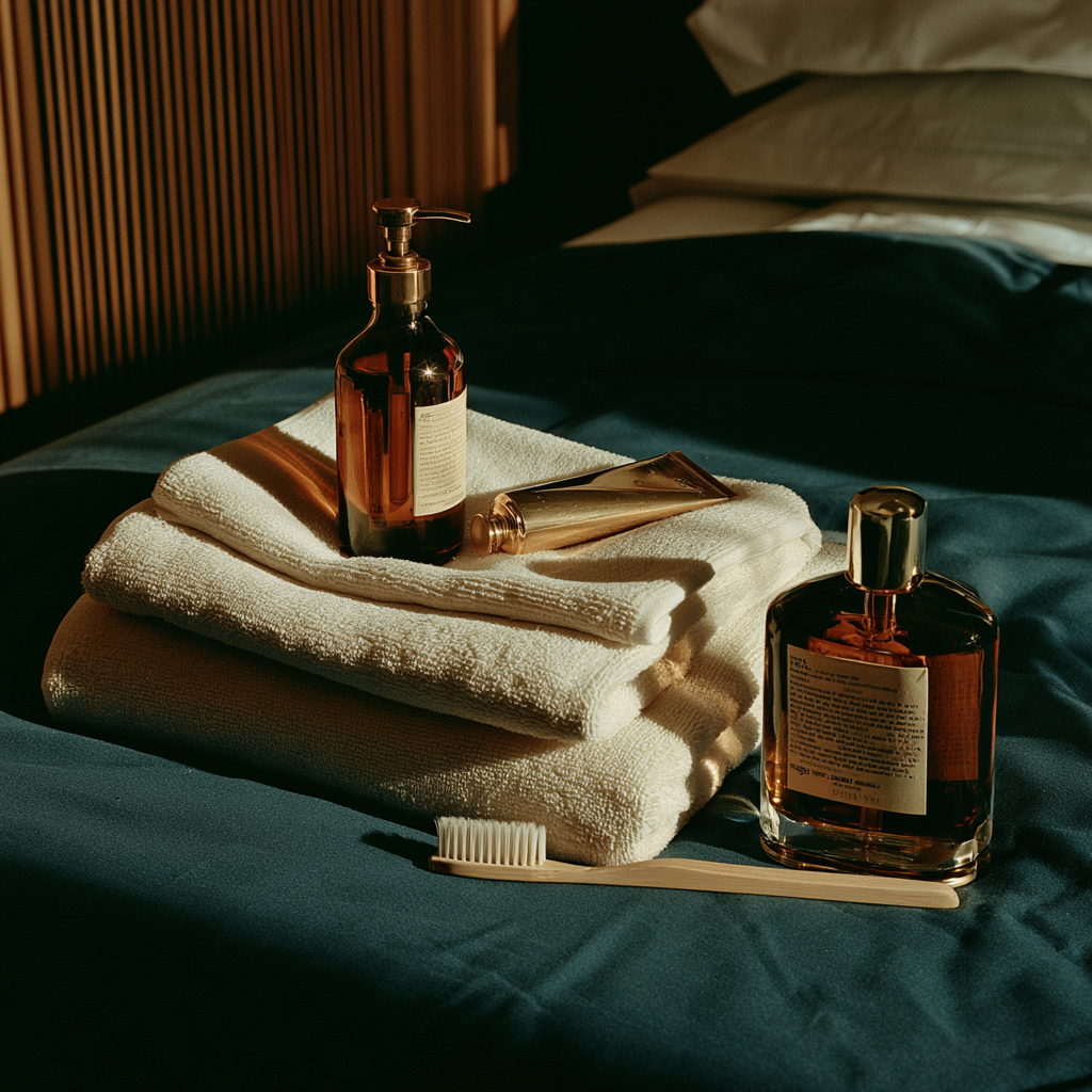 Handtücher, Shampoo und Zahnbürste