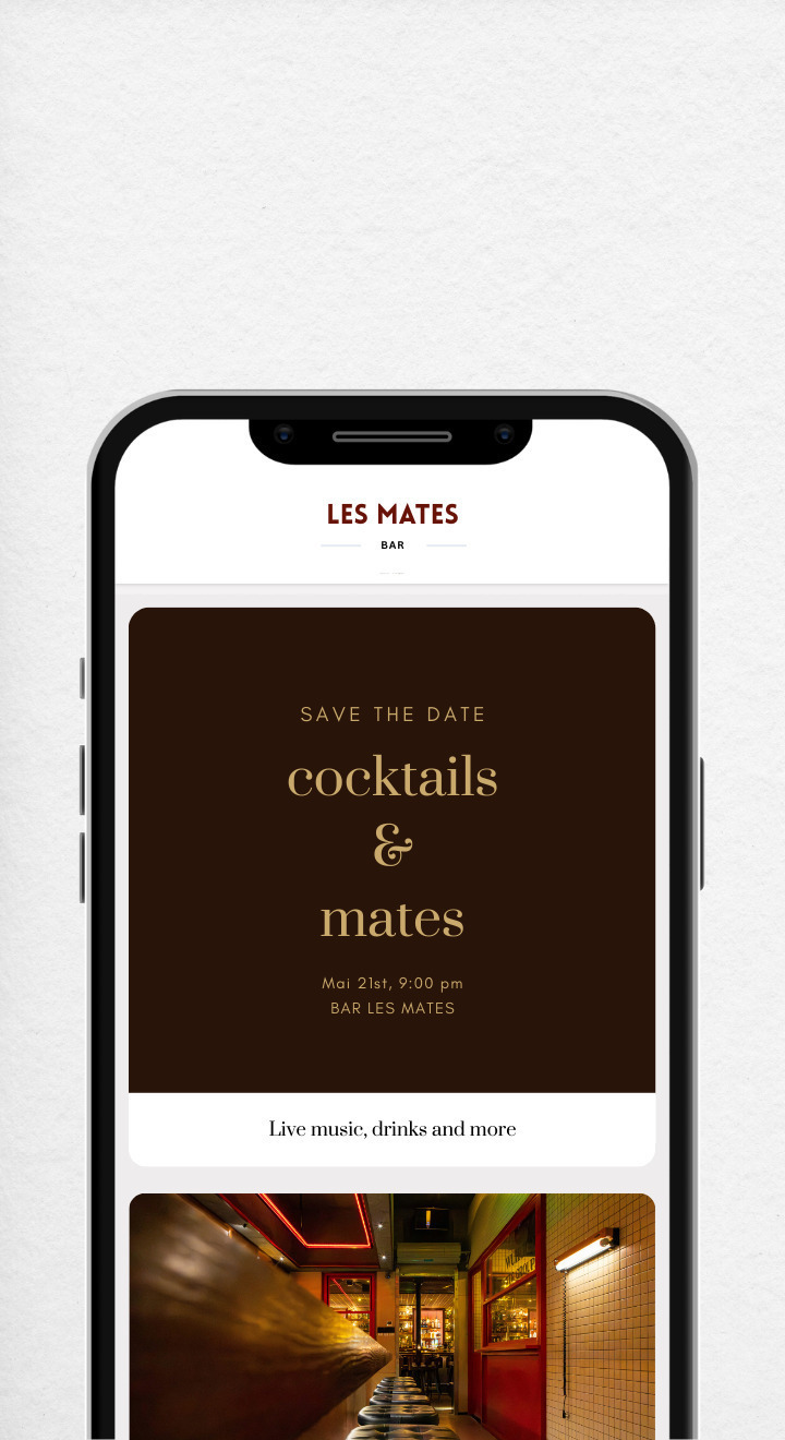 Mobile landing page for bar promotions - event announcements and daily highlights