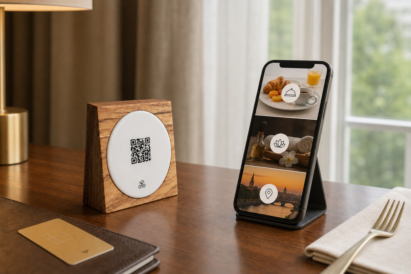 Productmate touchpoint beside digital hotel services for breakfast, spa, and local recommendations