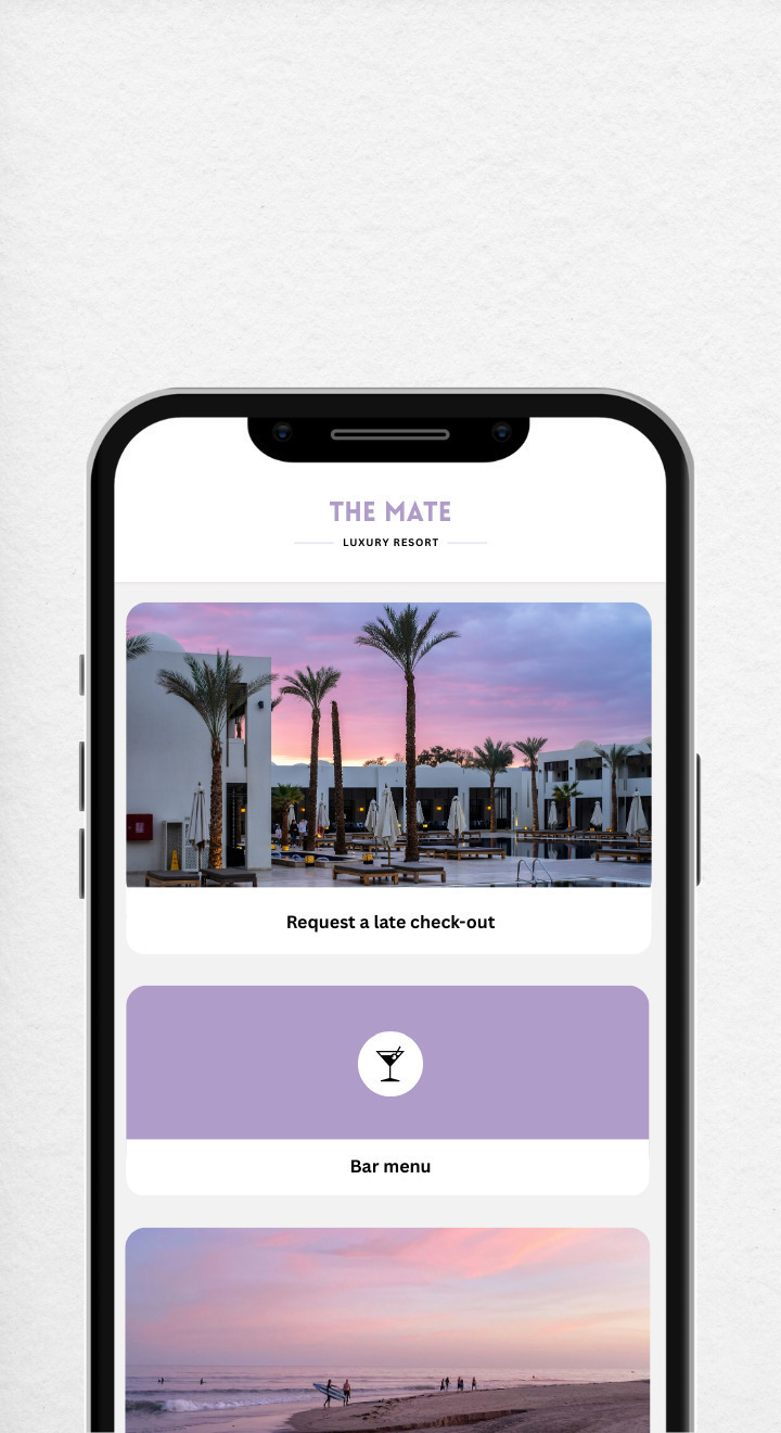 Luxury resort guest request system - late checkout and bar menu on smartphone