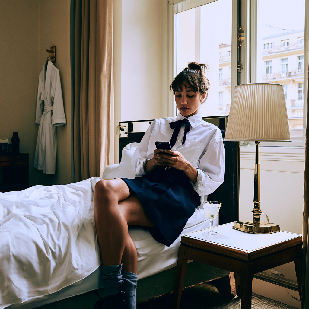 Frau mit Smartphone im Zimmer.
