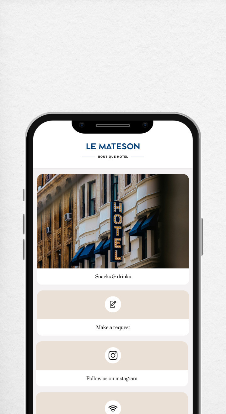 Boutique hotel digital guest portal - room service, requests and social links on mobile