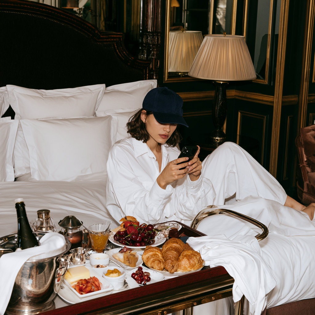Frau im Hotelzimmer bestellt Roomservice.