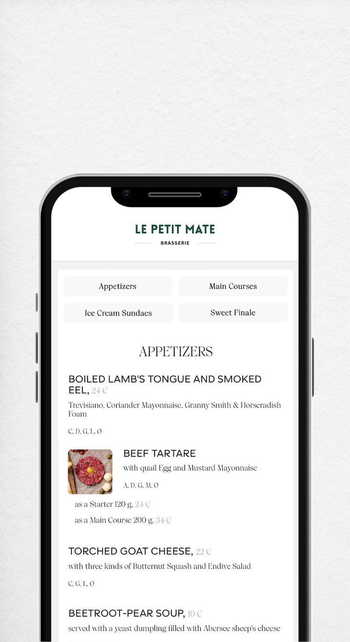 Digital restaurant menu with allergen info and prices - instant menu updates on mobile