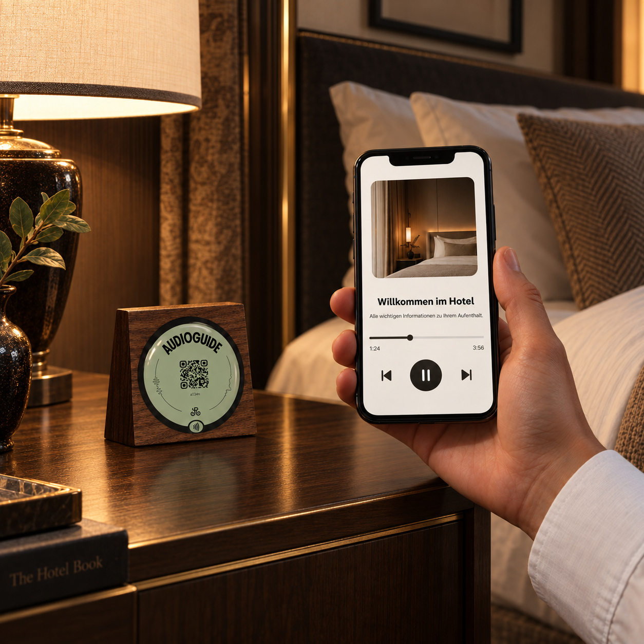Hand holding a phone with an audio guide open beside a QR code touchpoint in a hotel room.