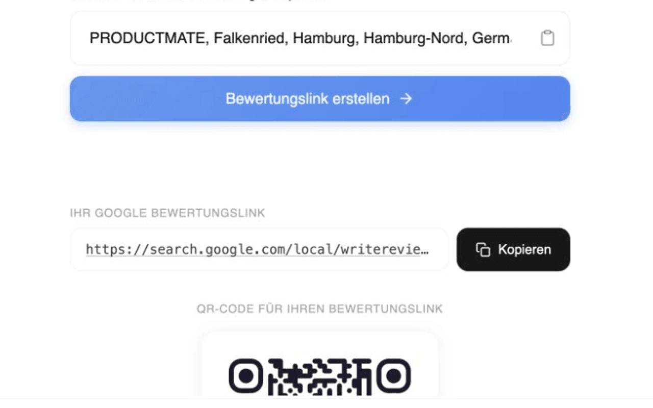 Erstellter Google-Bewertungslink mit Kopieren-Schaltfläche