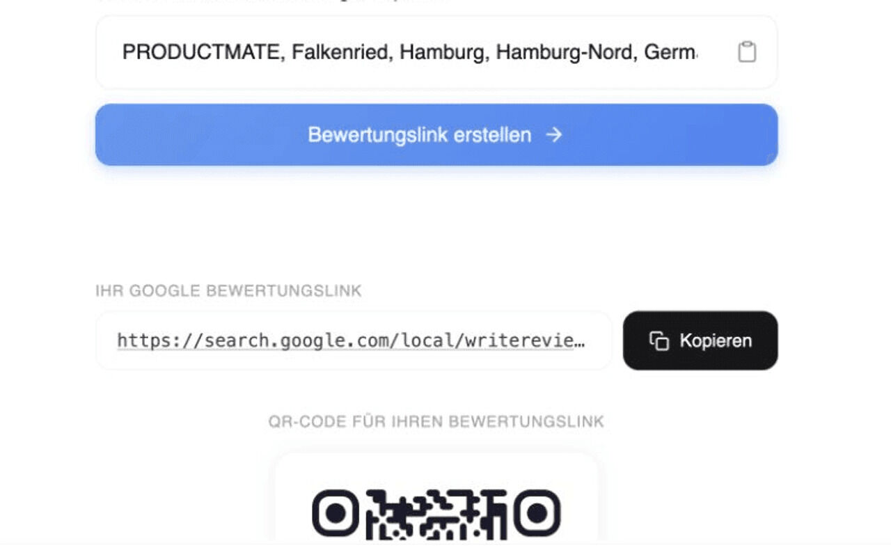 Erstellter Google-Bewertungslink mit Kopieren-Schaltfläche