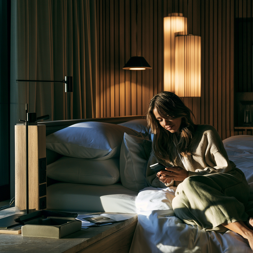 Hotelgast im Hotelzimmer mit Smartphone