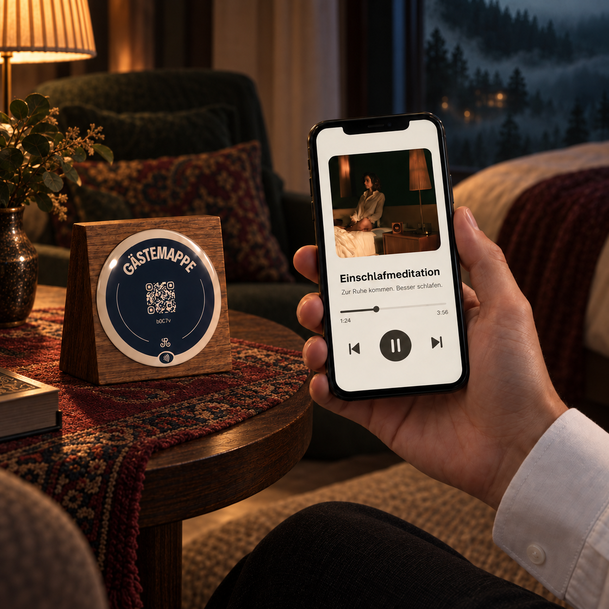 Hotelgast hört eine Einschlafmeditation auf dem Smartphone neben einem kleinen Gästemappen-Touchpoint im warm beleuchteten Hotelzimmer.