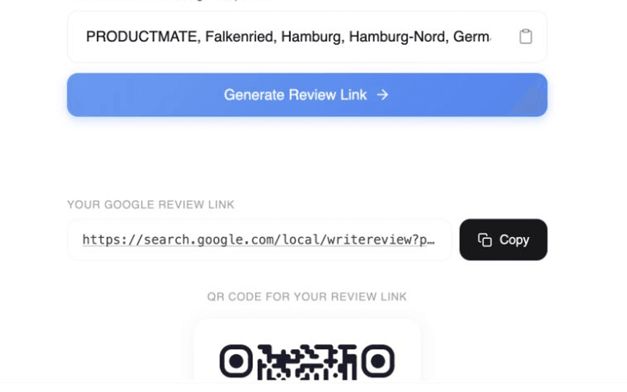 Generated Google review link with a copy button