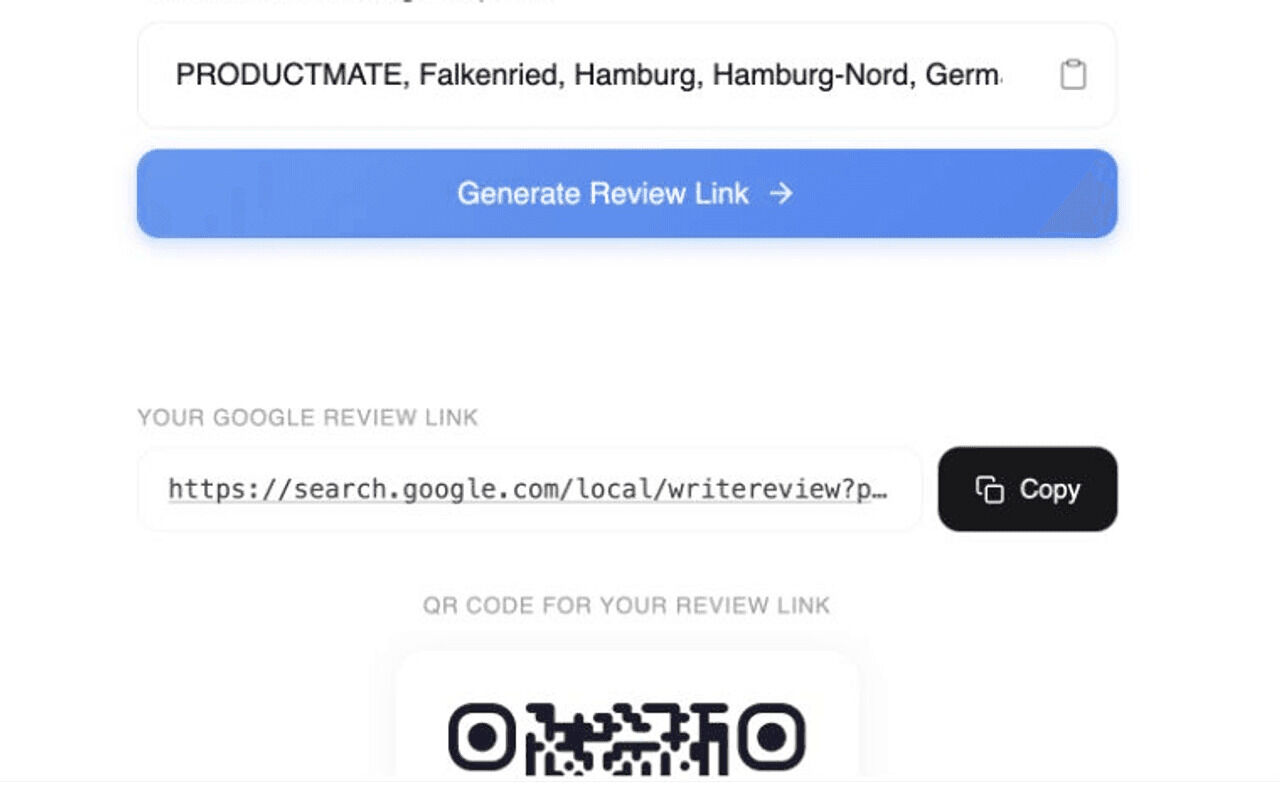 Generated Google review link with a copy button