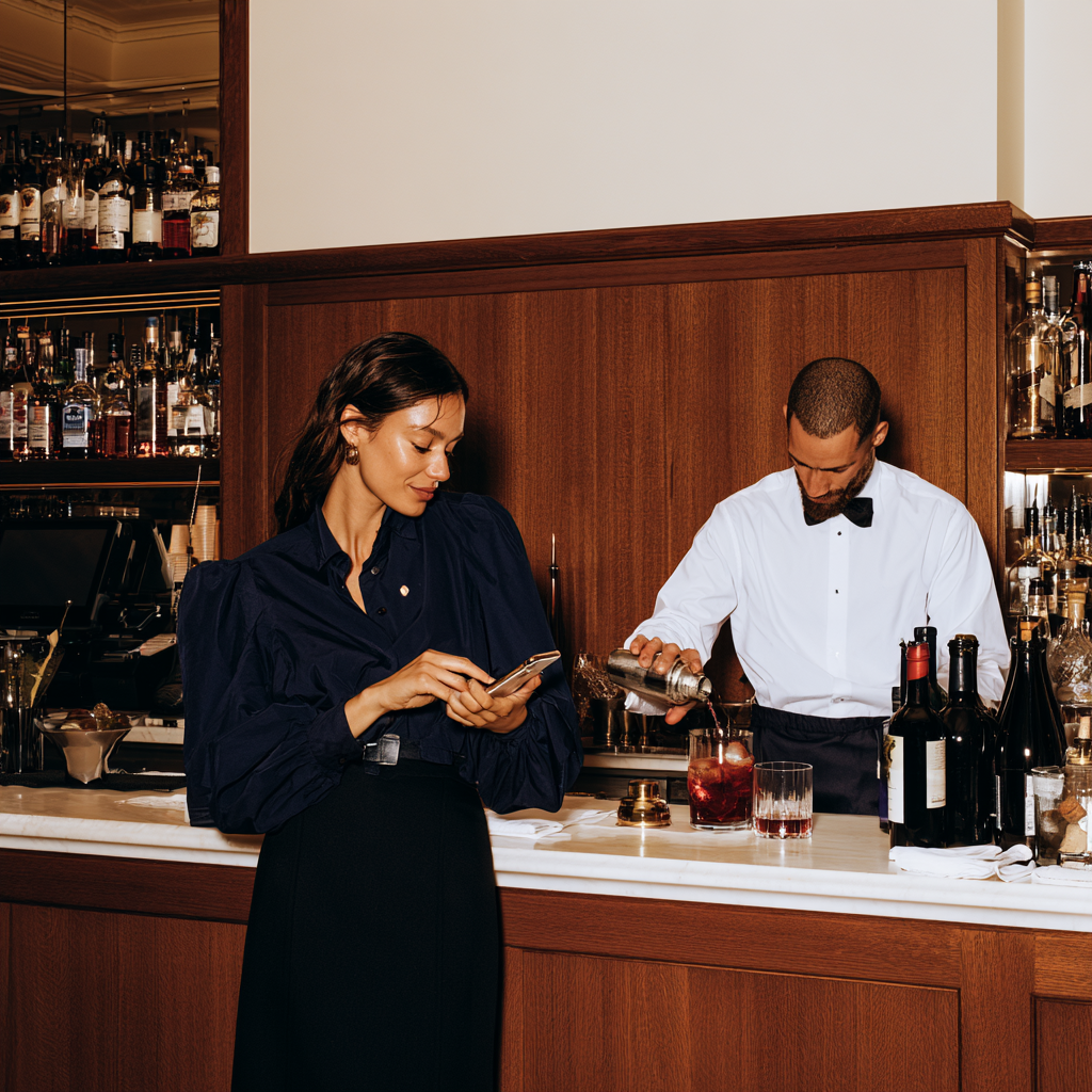 Frau steht an der Bar