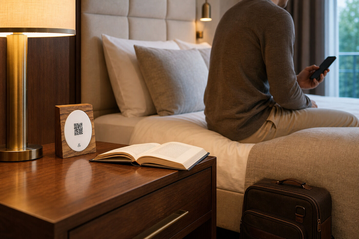Hotel guest uses digital content beside a permanently placed Productmate touchpoint