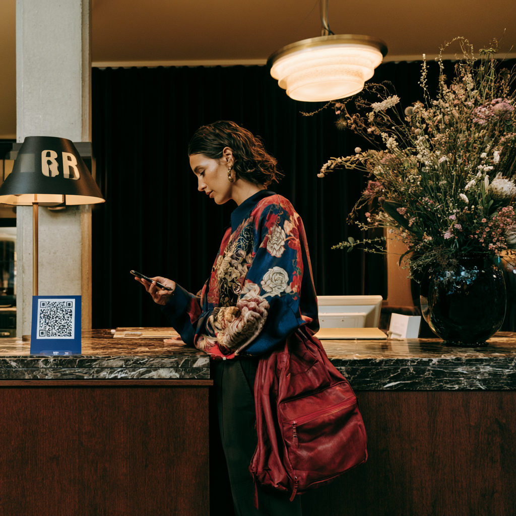 Woman with smartphone in lobby providing reviews