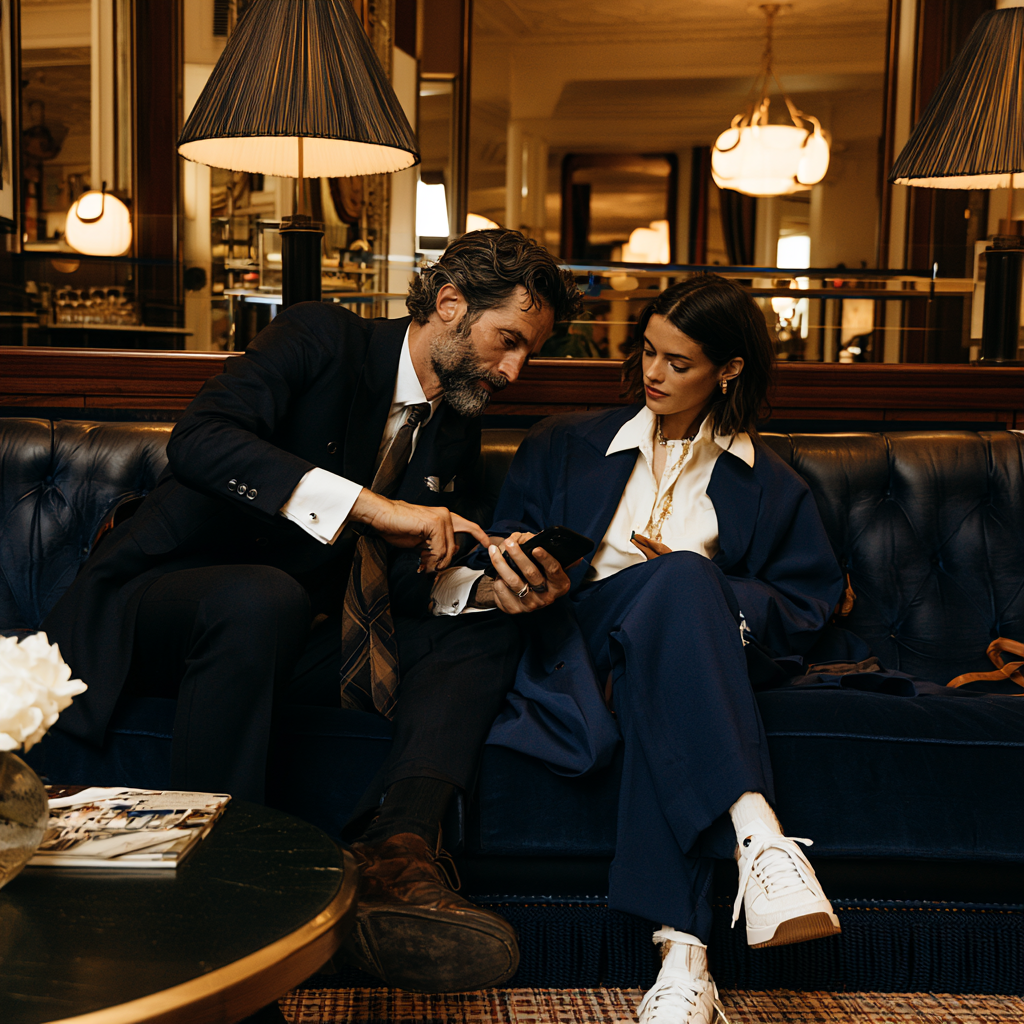 Zwei Hotelgäste schauen auf das Smartphone in der Hotellobby