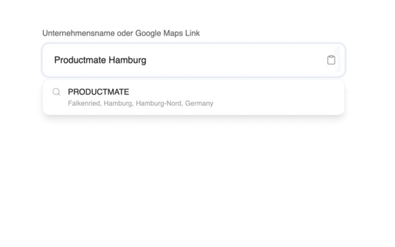 Productmate-Bewertungslink-Generator mit der Suche nach Productmate Hamburg
