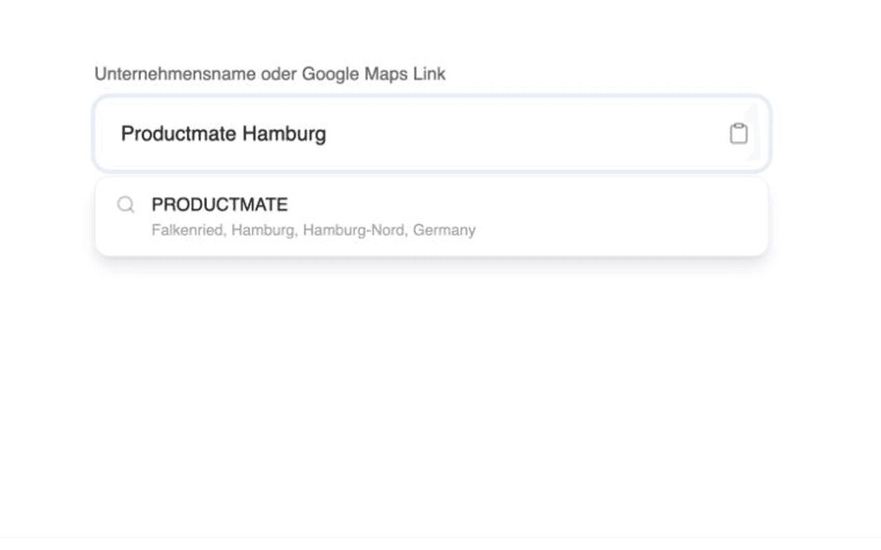Productmate-Bewertungslink-Generator mit der Suche nach Productmate Hamburg