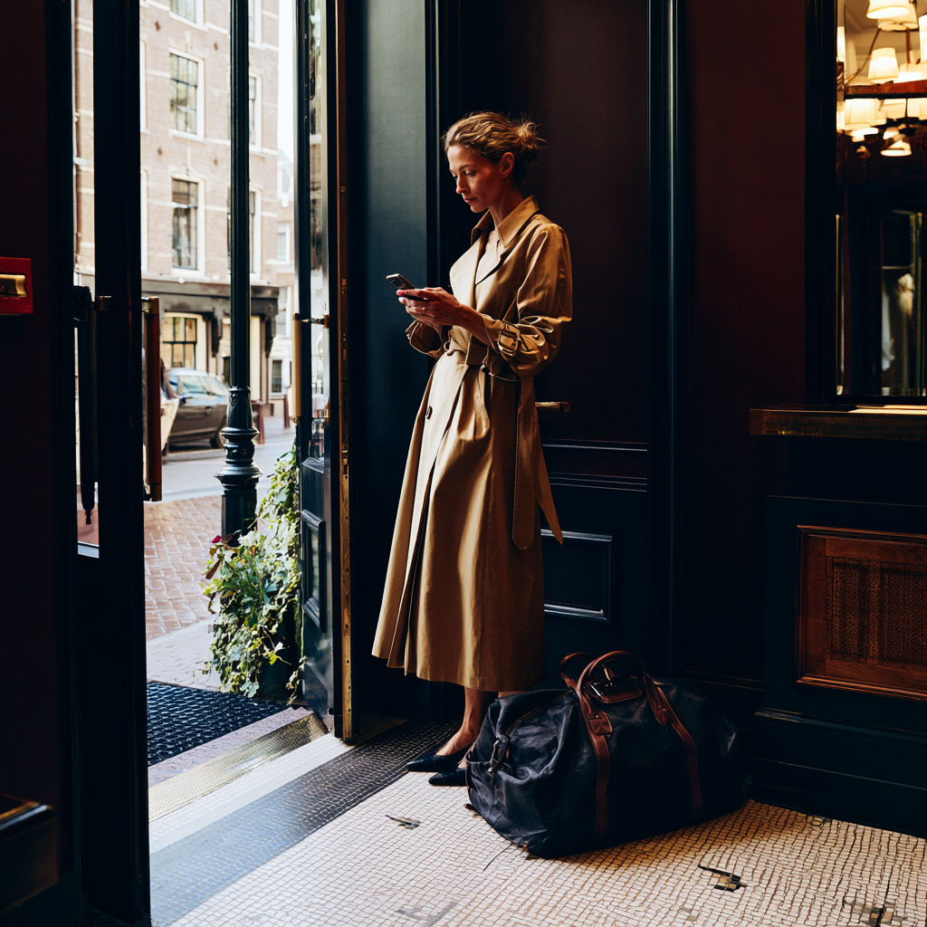 Hotelgast steht im Foyer mit Smartphone
