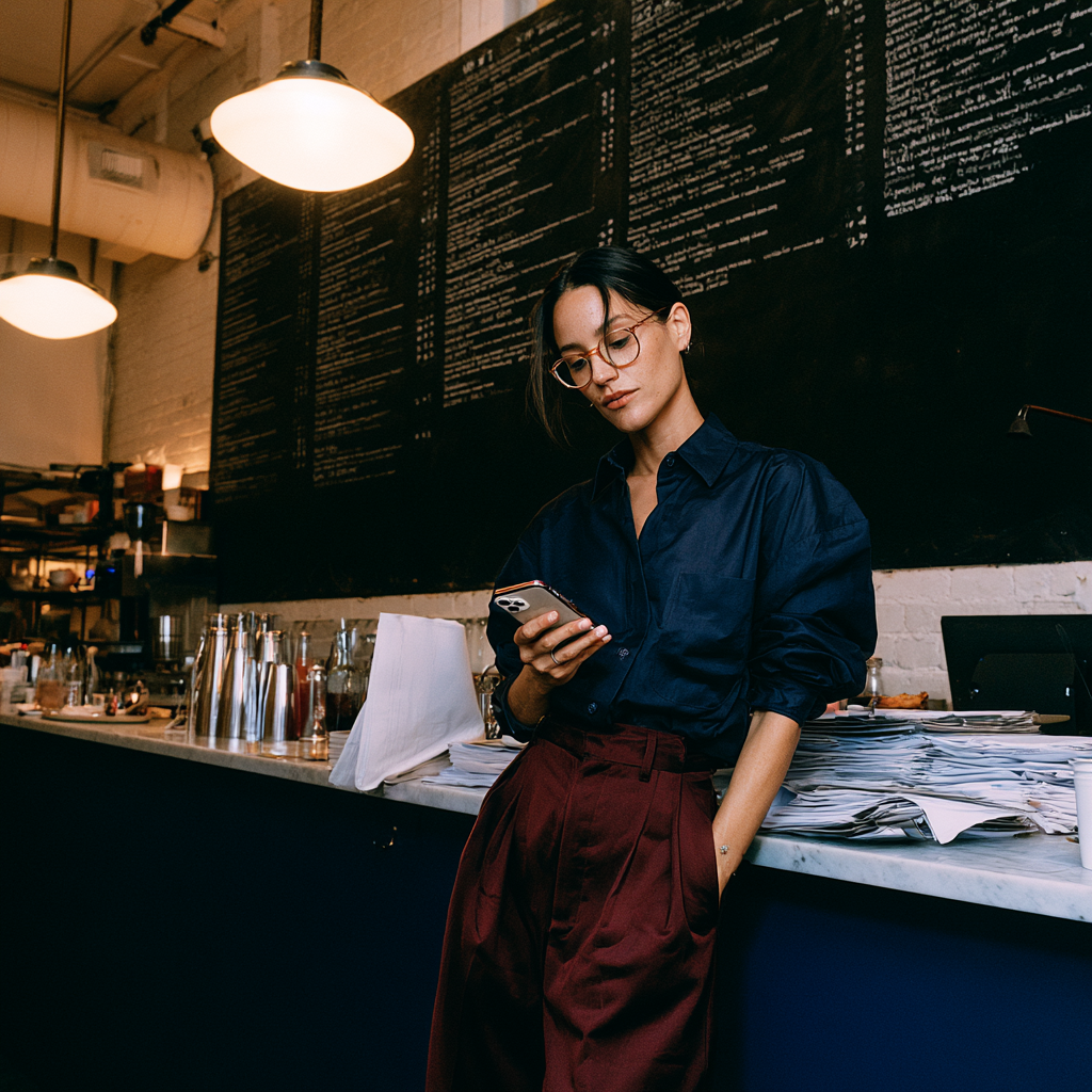 Frau in Restaurant mit Smartphone