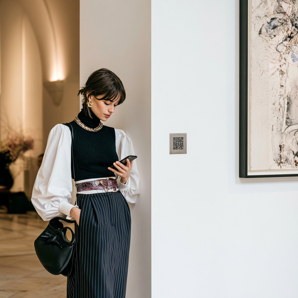 Frau in Galerie mit Smartphone