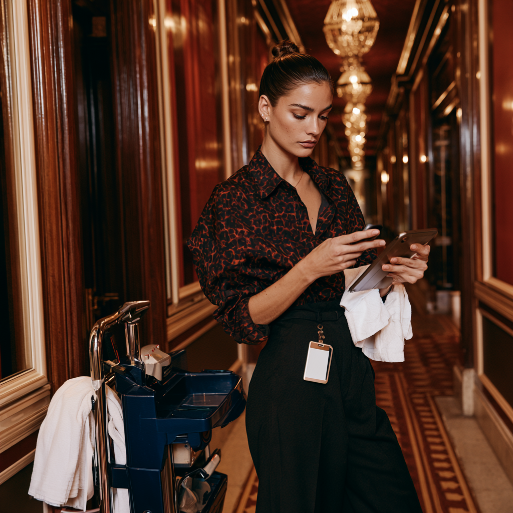 Housekeeping im Hotel mit Smartphone