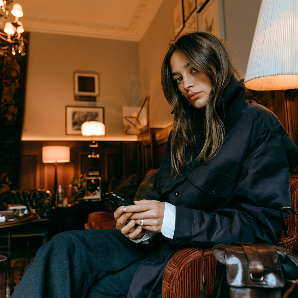 Hotelgast wartet in der Lobby mit dem Smartphone in der Hand