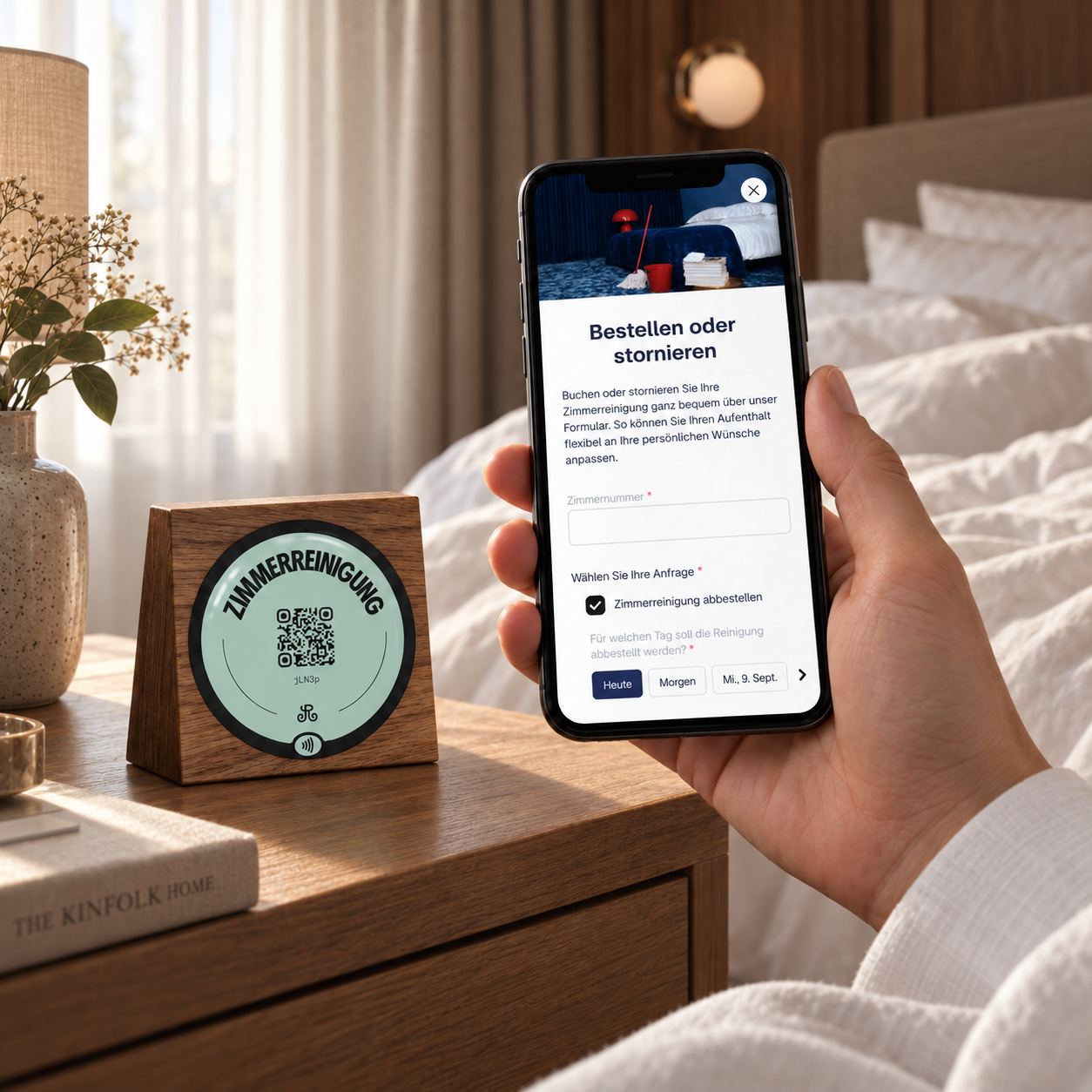 Hotelgast bestellt die Zimmerreinigung auf dem Smartphone ab. Ein kleiner QR-Code-Touchpoint steht auf dem Nachttisch.