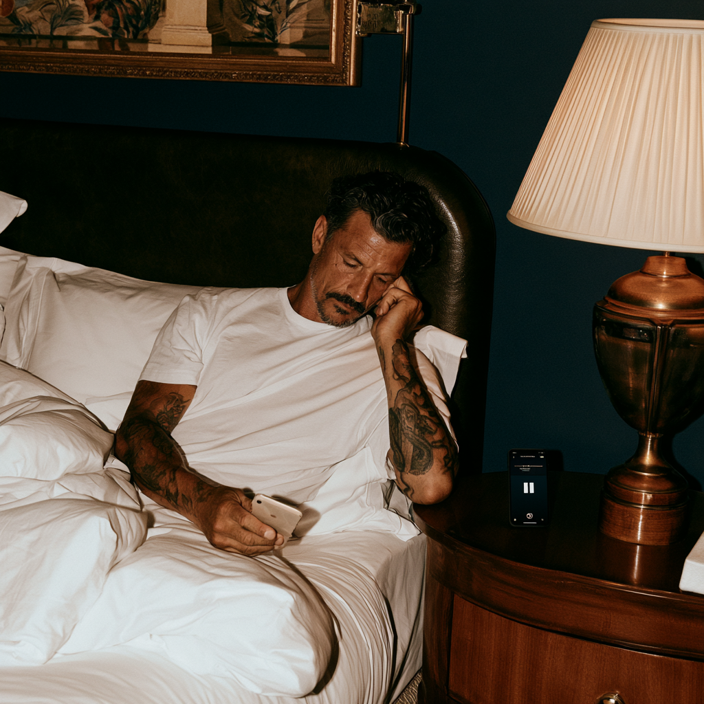 Mann mit Smartphone im Bett.