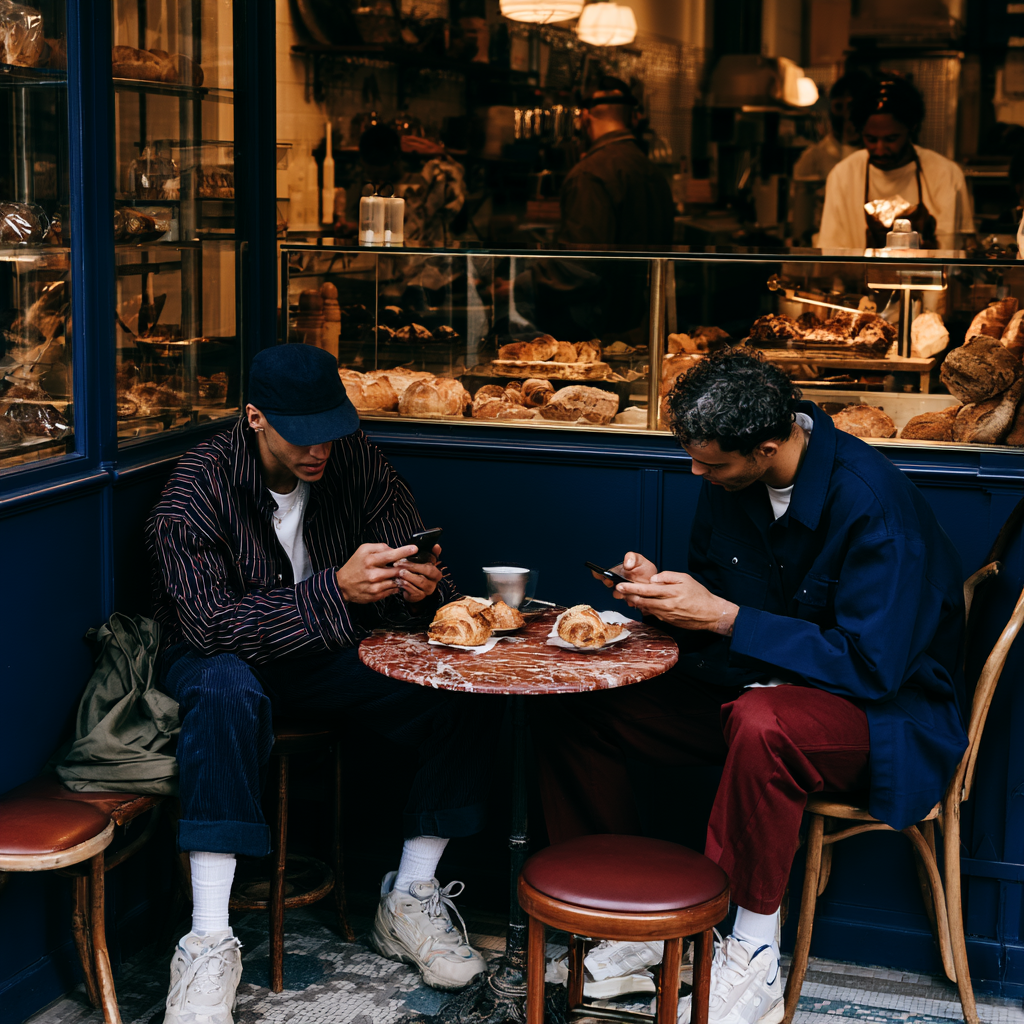 Zwei Männer in einem Café mit Smartphones