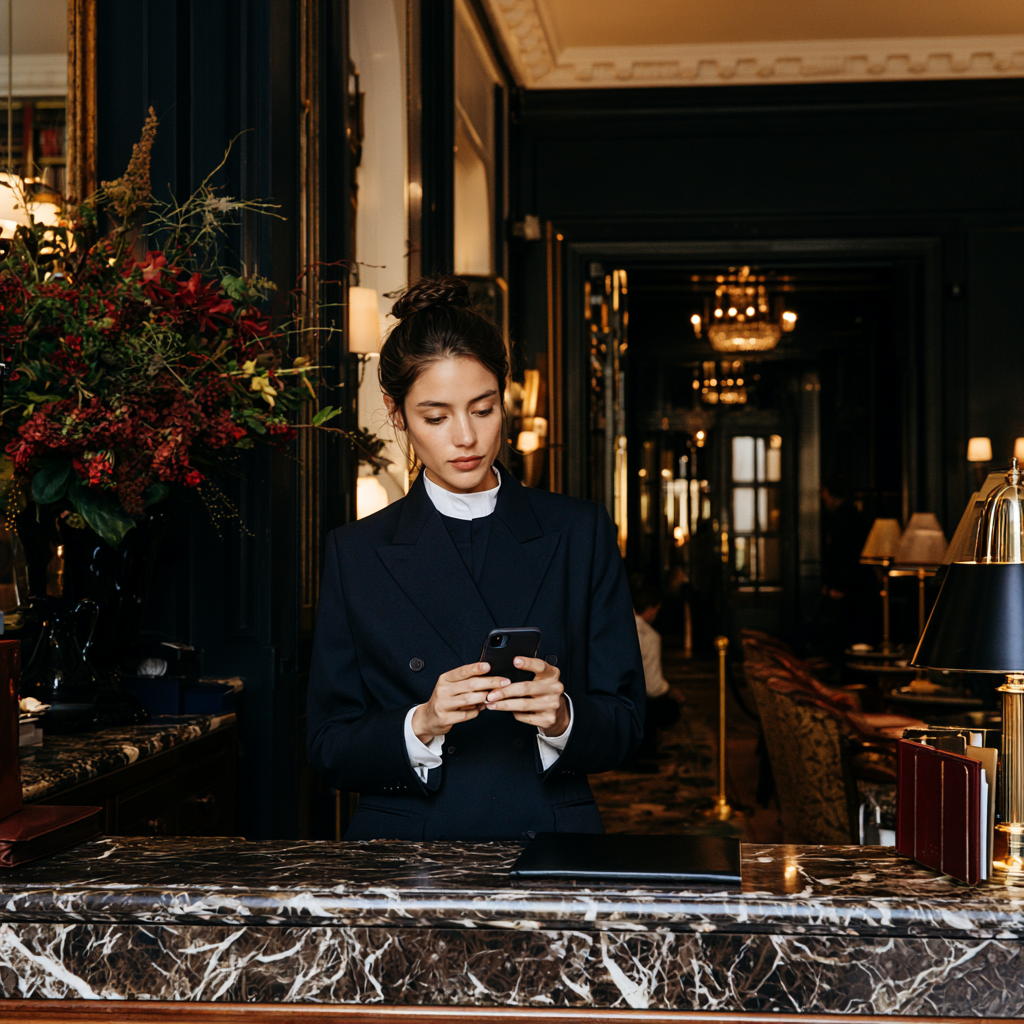Hotel Mitarbeiterin mit Smartphone