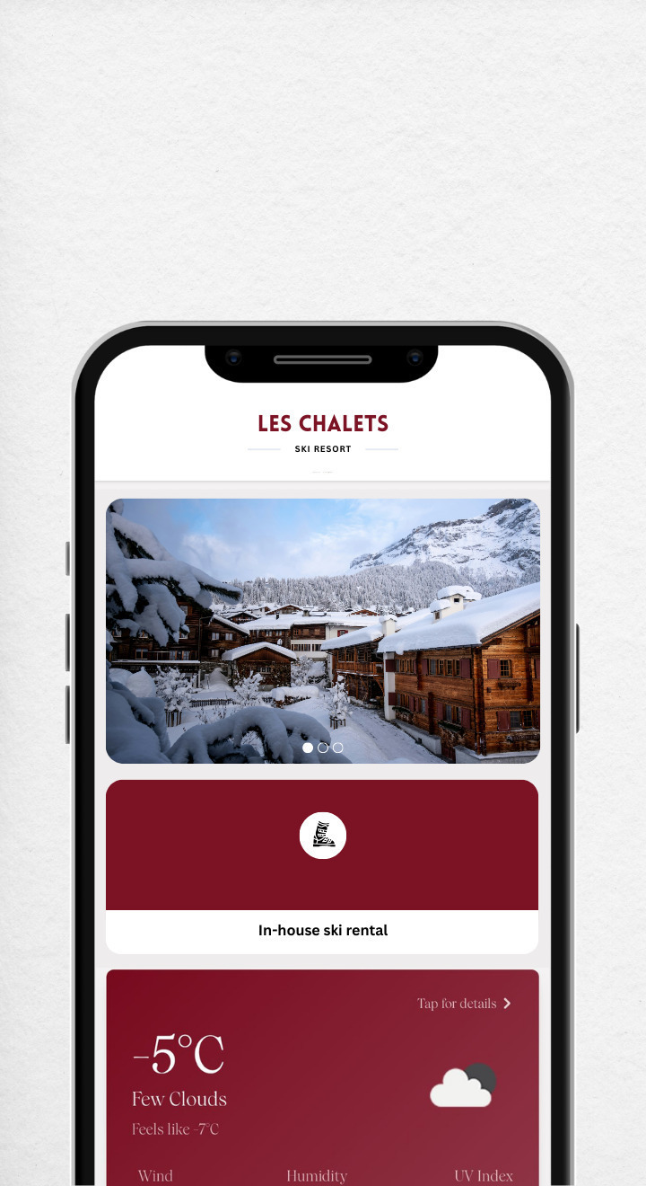 Digital guest services page for ski resort - weather, amenities and booking on mobile