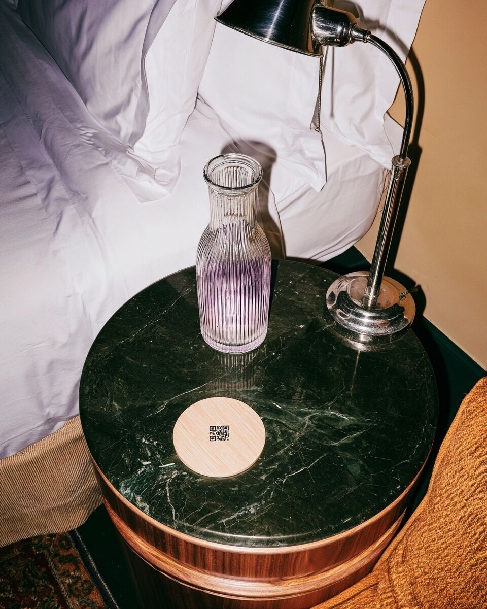 Smartphone tapping a custom QR code and NFC table stand