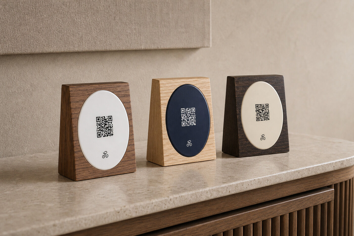 Three custom Productmate touchpoints made from different wood types and finishes
