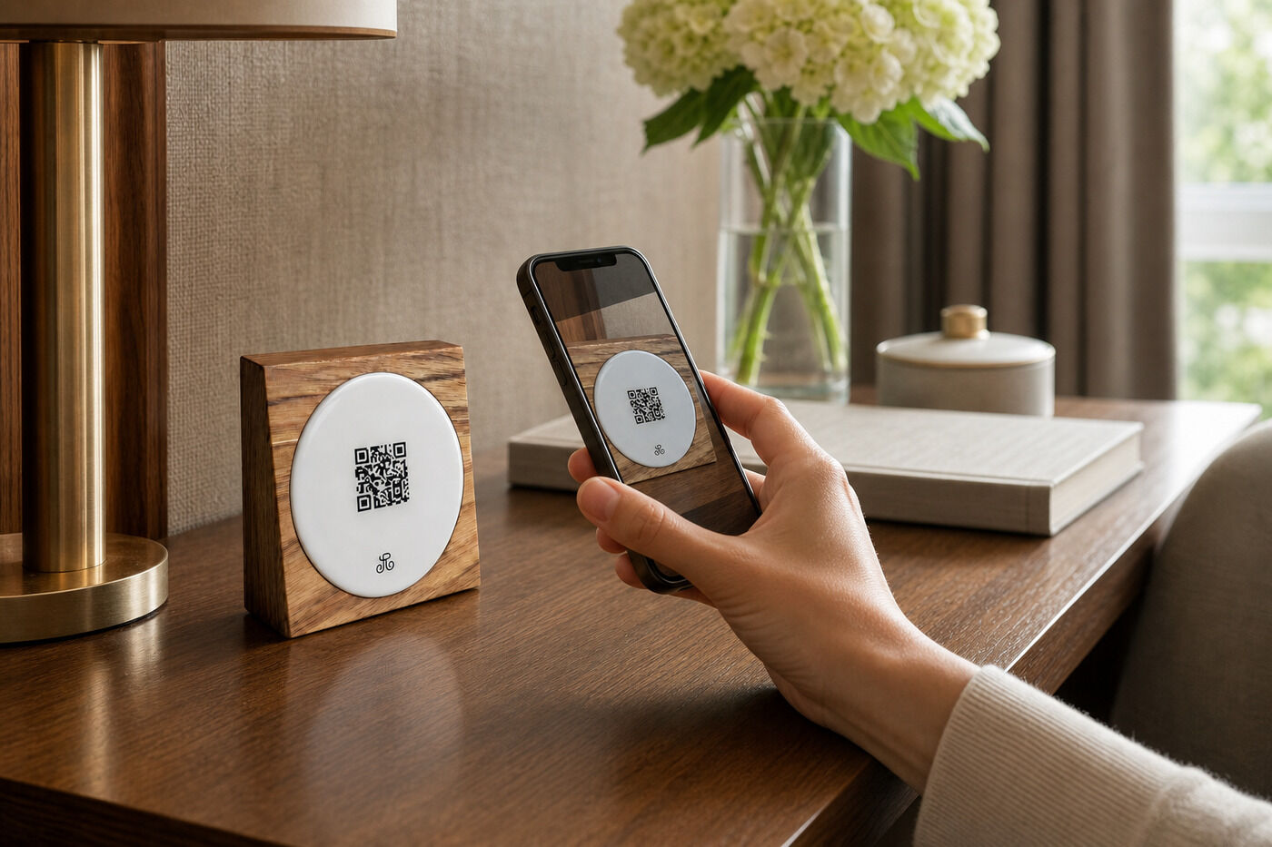 Hotel guest scans a Productmate QR code touchpoint with a smartphone