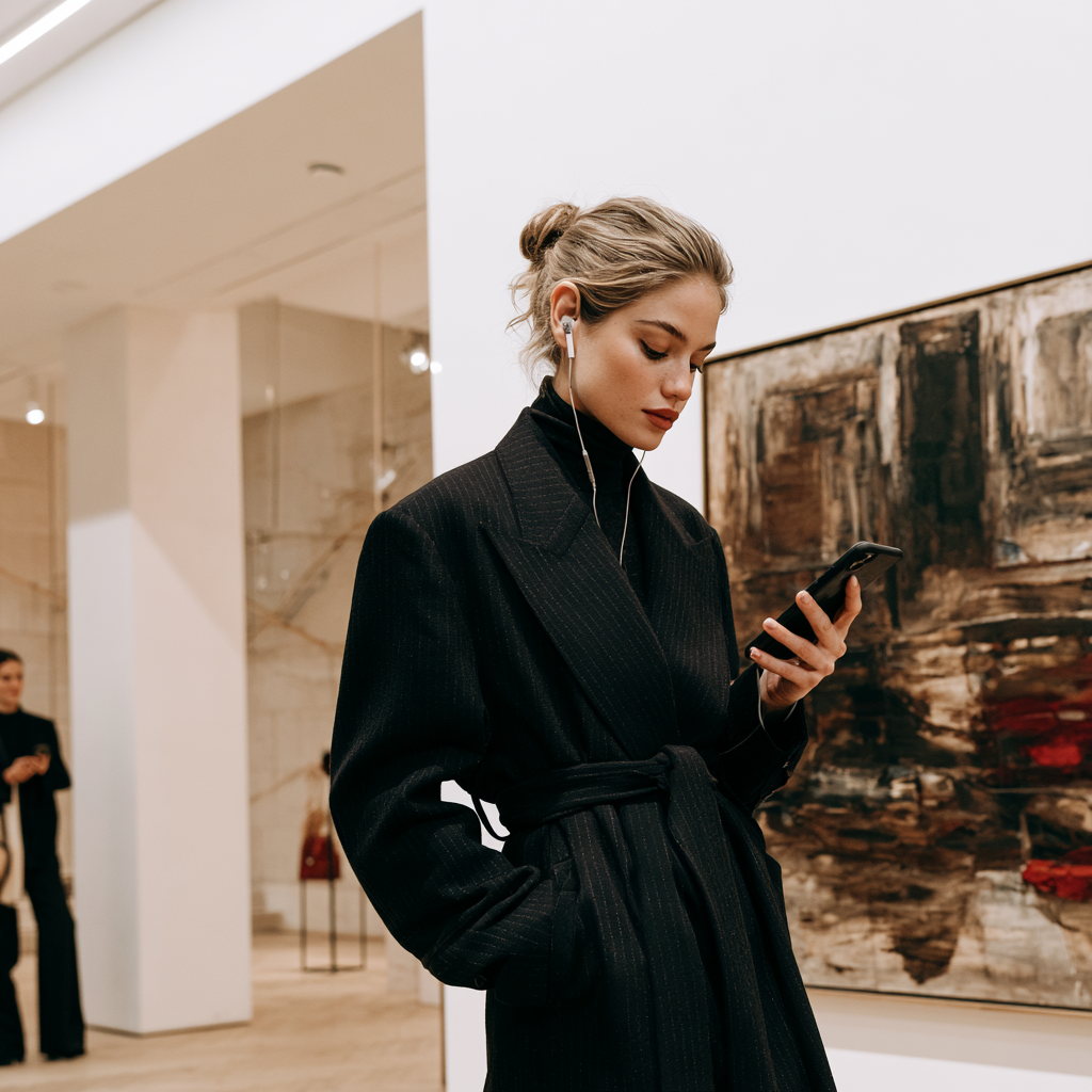 Eine Frau mit Audioguide in einer Galerie