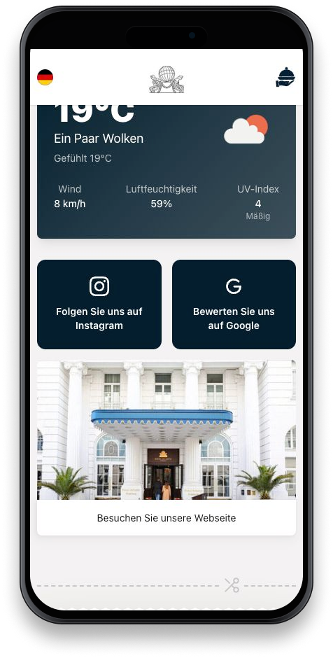 Vollständiges iPhone-Mockup mit dem mobilen Hotel-Concierge von Productmate für Hotel Atlantic Hamburg