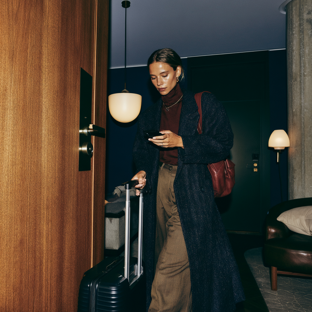 Eine Frau betritt ein Hotelzimmer