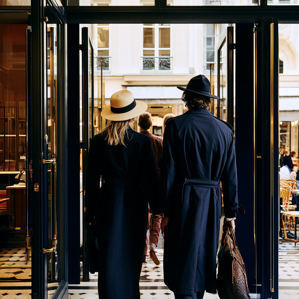 Hotel guests walking through the city