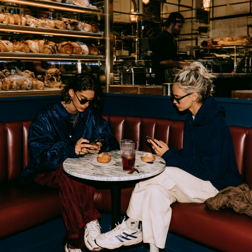 Zwei Frauen in einem Café mit Smartphones