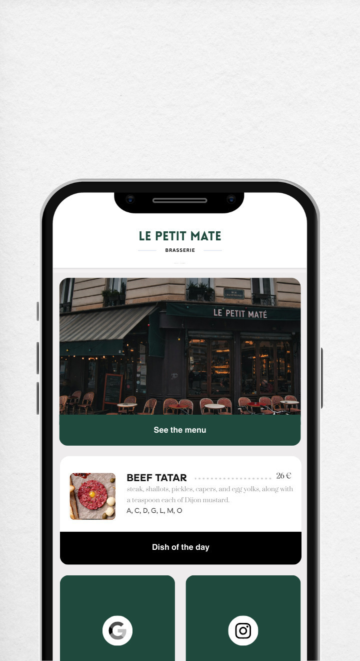 Digital restaurant menu on smartphone - dishes, allergens and social media links