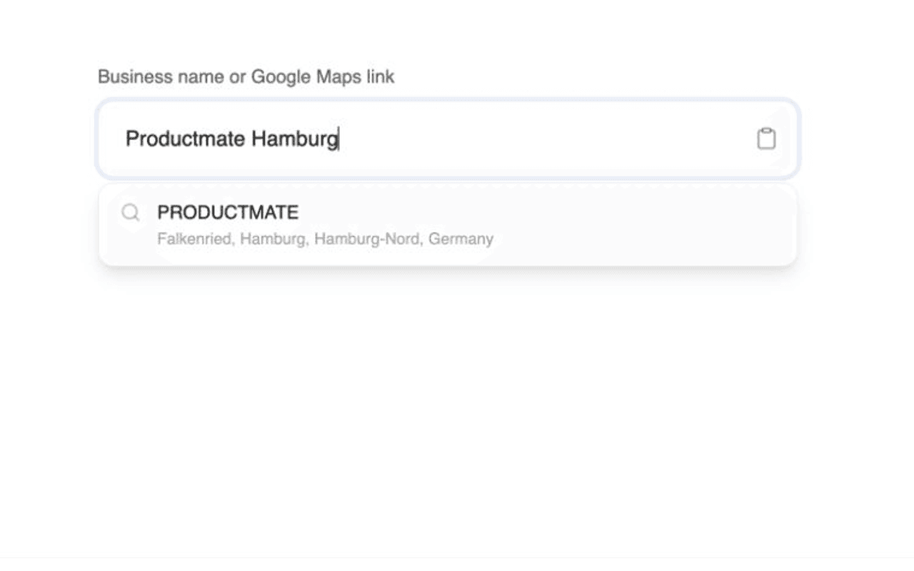Productmate review link generator showing a search for Productmate Hamburg