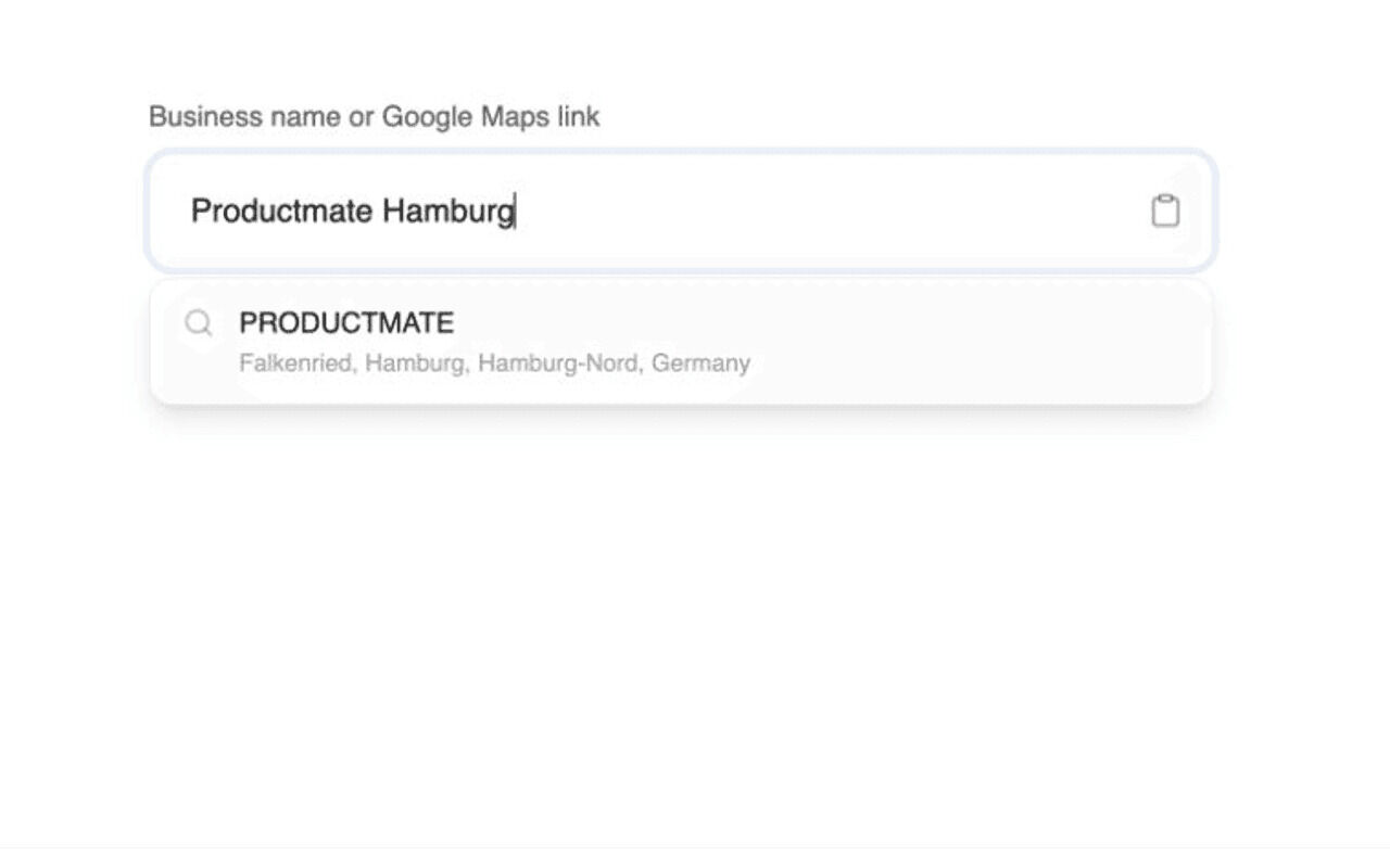 Productmate review link generator showing a search for Productmate Hamburg