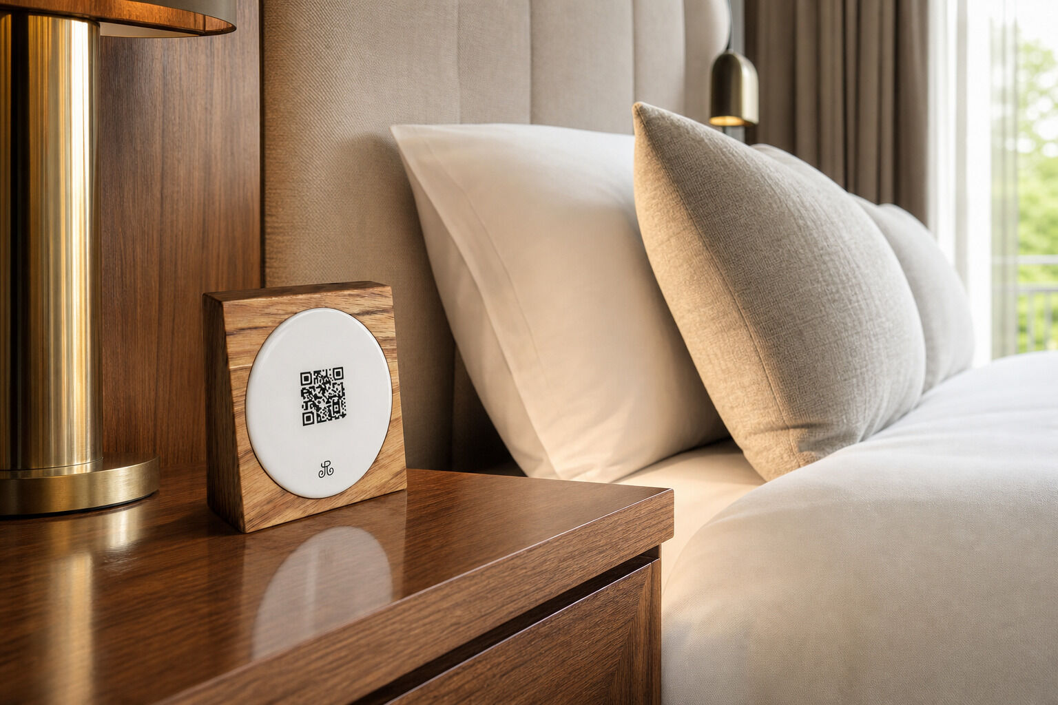 Productmate NFC and QR code touchpoint on the nightstand of a premium hotel room