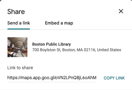 Google Maps Share window for Boston Public Library with Copy link marked.