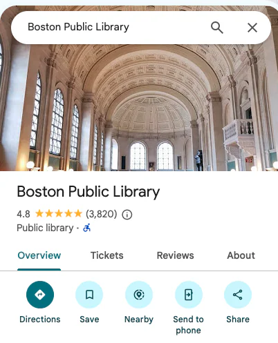 Boston Public Library business listing open in Google Maps.